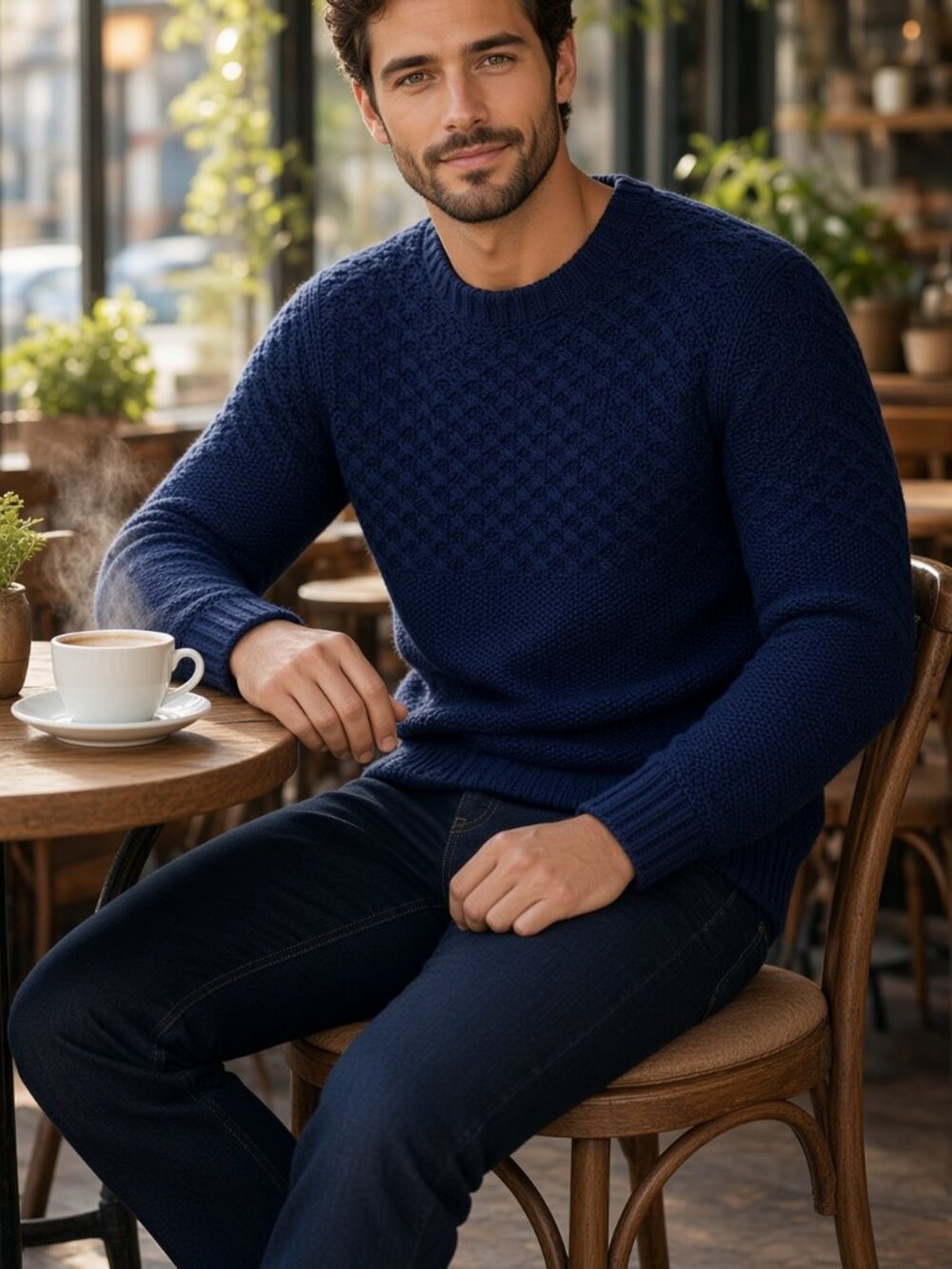 Dylan Gray Men Navy 100% Merino Wool Cabled Yoke Crewneck Pullover Sweater US XL